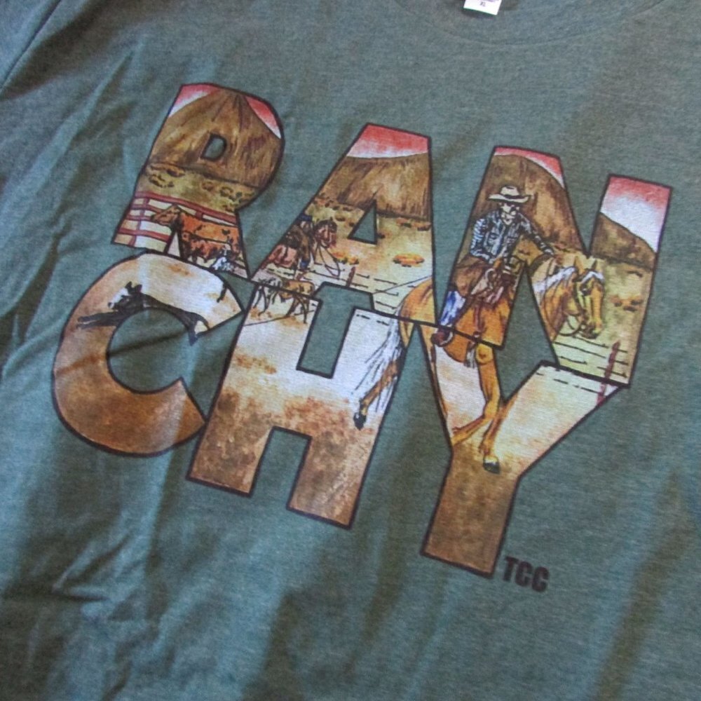 NWOT Bella Canvas Graphic "Ranchy" Collage Short Sleeve T-Shirt - Olive - Picture 2 of 4